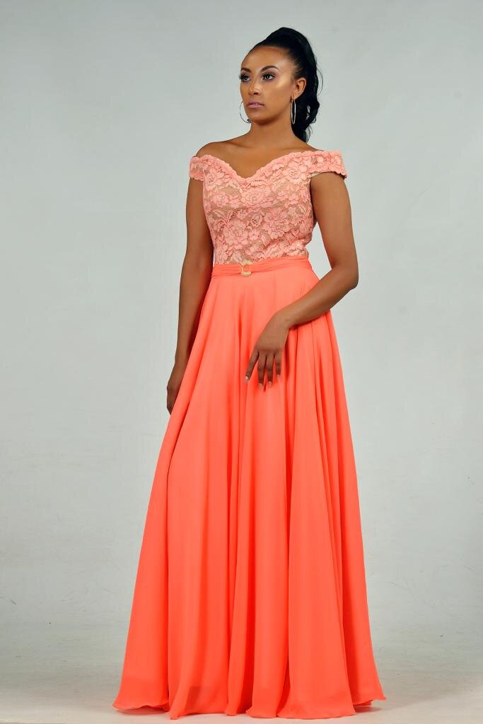 Off shoulder lace coral dress