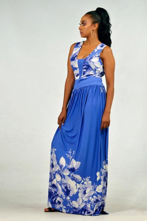 blue-long-dress-floral-print - View 1