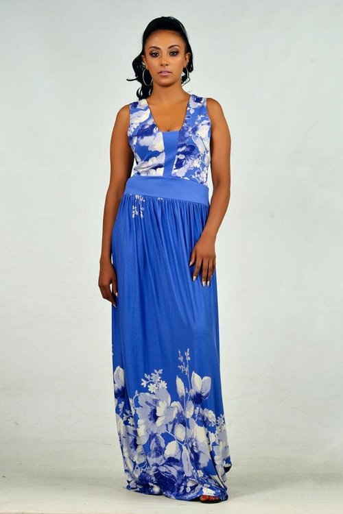blue-long-dress-floral-print - View 2