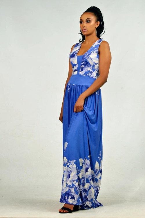 blue-long-dress-floral-print - View 5