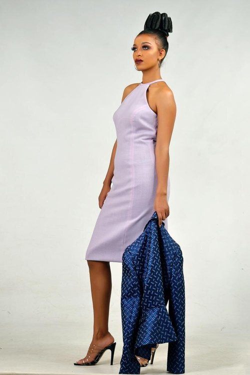 blue-tailored-jacquard-jacket-wool-crepe-lilac-dress - View 5
