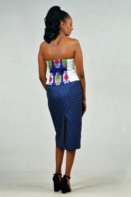 pencil-skirt-blue-jacquard-bandeau-top - View 1