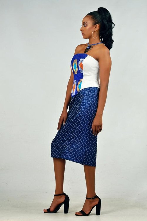 pencil-skirt-blue-jacquard-bandeau-top - View 2