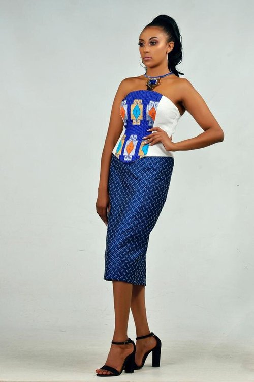 pencil-skirt-blue-jacquard-bandeau-top - View 3