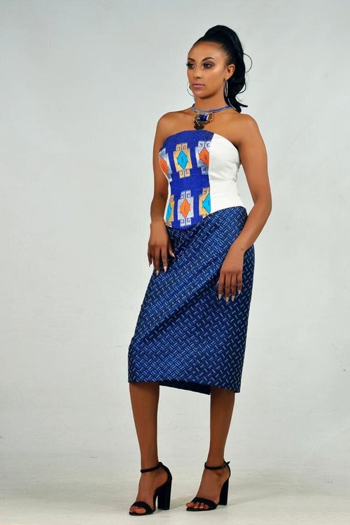 pencil-skirt-blue-jacquard-bandeau-top - View 4
